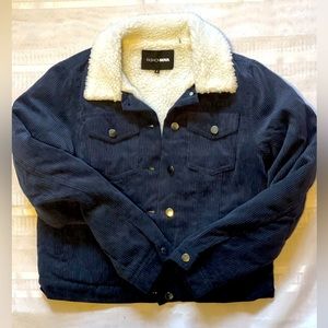 Fashion Nova navy blue corduroy jacket with fur lining. Size small.